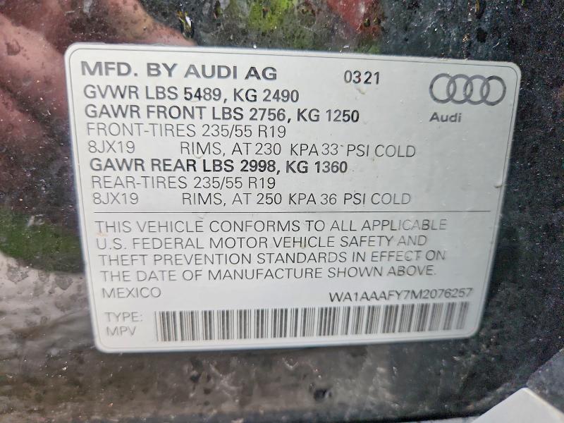 Продаж на аукціоні авто 2021 Audi Q5, vin: WA1AAAFY7M2076257, номер лоту: 41698156