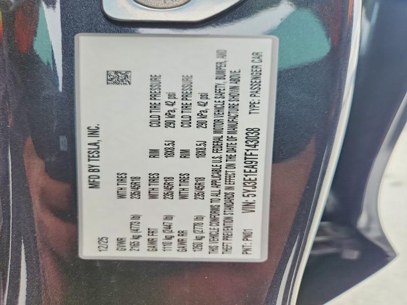 46505726 :رقم المزاد ، 5YJ3E1EA9TF143038 vin ، 2026 Tesla Model 3 مزاد بيع