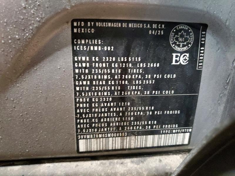 2025 Volkswagen Tiguan მანქანა იყიდება აუქციონზე, vin: 3VVMR7RM6SM008563, აუქციონის ნომერი: 79412595
