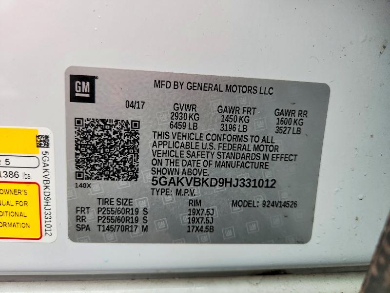 45676776 :رقم المزاد ، 5GAKVBKD9HJ331012 vin ، 2017 Buick Enclave مزاد بيع
