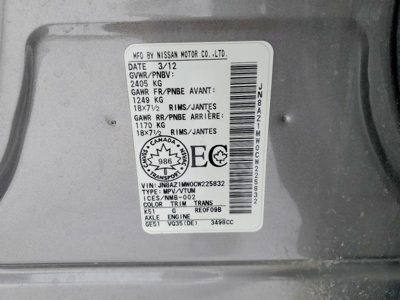 46358016 :رقم المزاد ، JN8AZ1MW0CW225832 vin ، 2012 Nissan Murano مزاد بيع