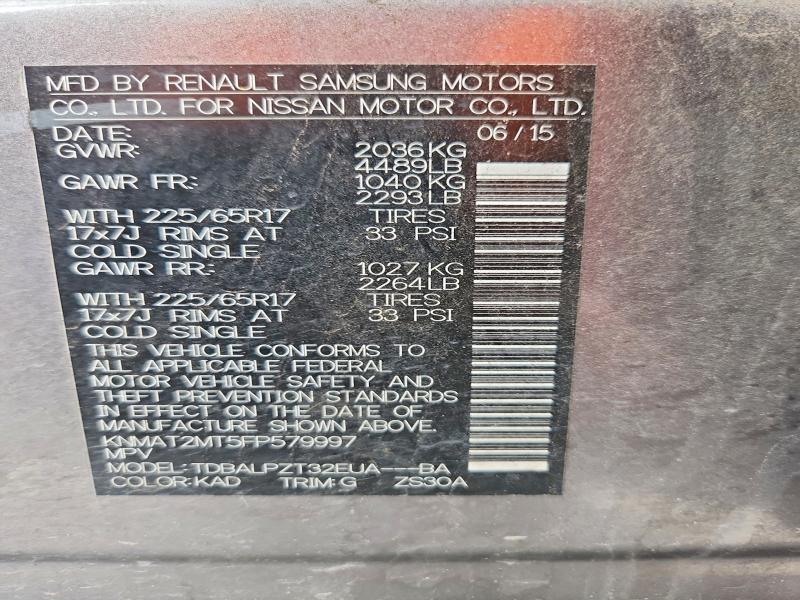 2015 Nissan Rogue მანქანა იყიდება აუქციონზე, vin: KNMAT2MT5FP579997, აუქციონის ნომერი: 79073245