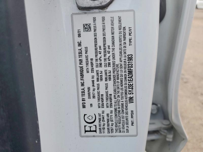 41595926 :رقم المزاد ، 5YJ3E1EA3MF031983 vin ، 2021 Tesla Model 3 مزاد بيع