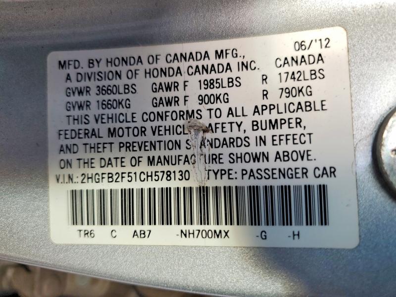 Aukcja sprzedaży 2012 Honda Civic, vin: 2HGFB2F51CH578130, numer aukcji: 46914526