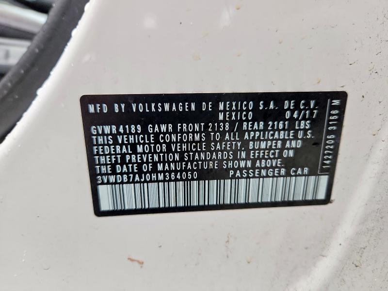 2017 Volkswagen Jetta მანქანა იყიდება აუქციონზე, vin: 3VWDB7AJ0HM364050, აუქციონის ნომერი: 45492906