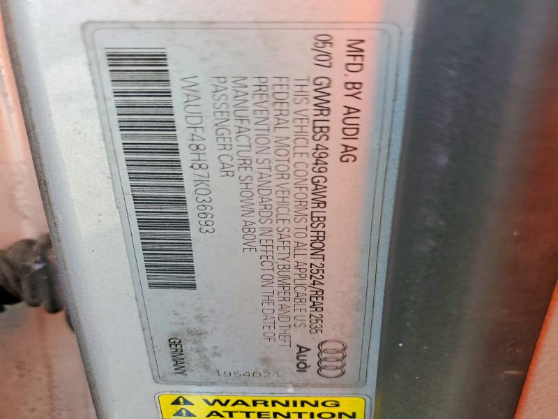 Aukcja sprzedaży 2007 Audi A4, vin: WAUDF48H87K036693, numer aukcji: 48155836