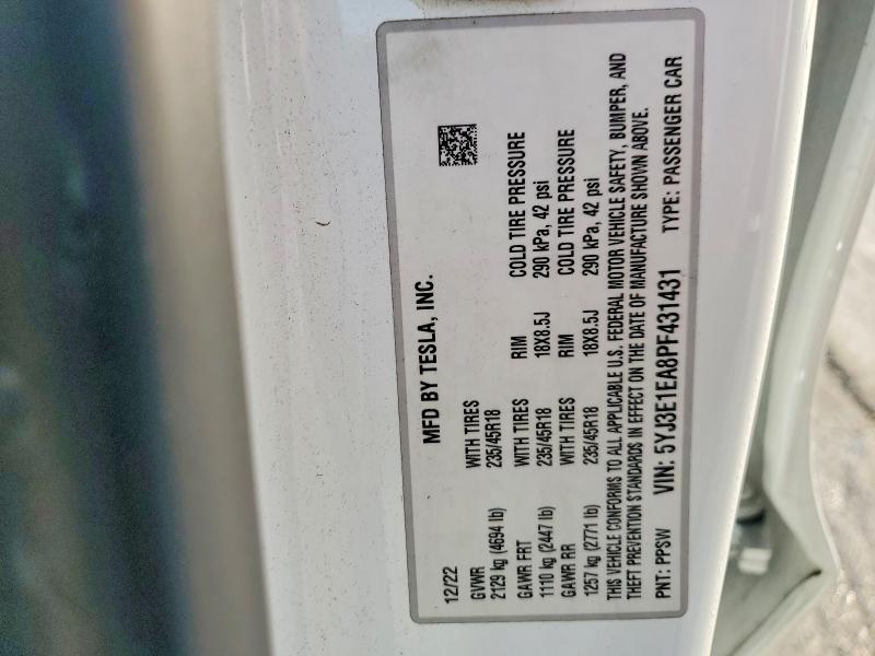 47076676 :رقم المزاد ، 5YJ3E1EA8PF431431 vin ، 2023 Tesla Model 3 مزاد بيع