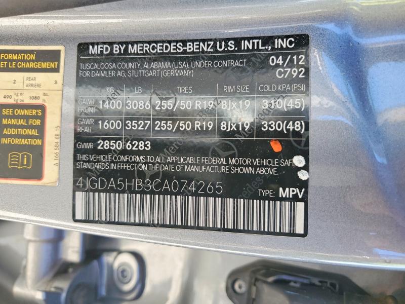 Продаж на аукціоні авто 2012 Mercedes-benz Ml, vin: 4JGDA5HB3CA074265, номер лоту: 45500606