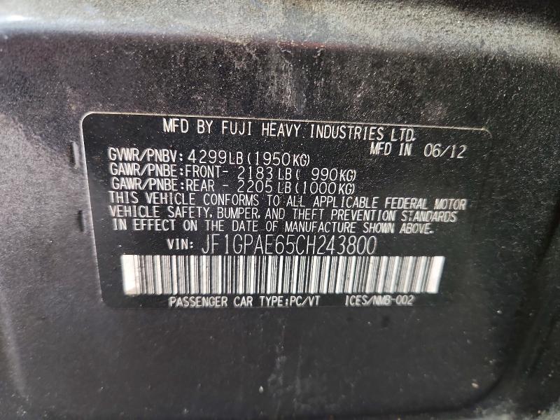 Aukcja sprzedaży 2012 Suba Impreza, vin: JF1GPAE65CH243800, numer aukcji: 45911606