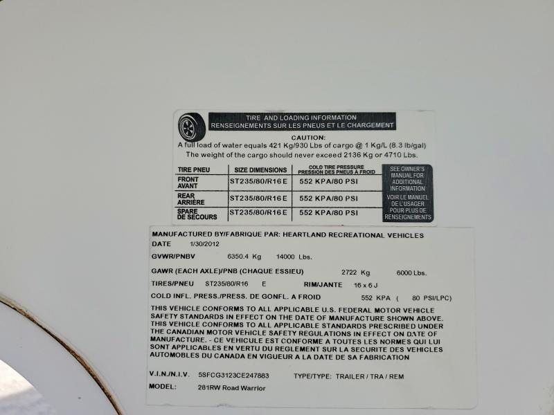 45808786 :رقم المزاد ، 5SFCG3123CE247883 vin ، 2012 Heartland Rv Cyclone مزاد بيع