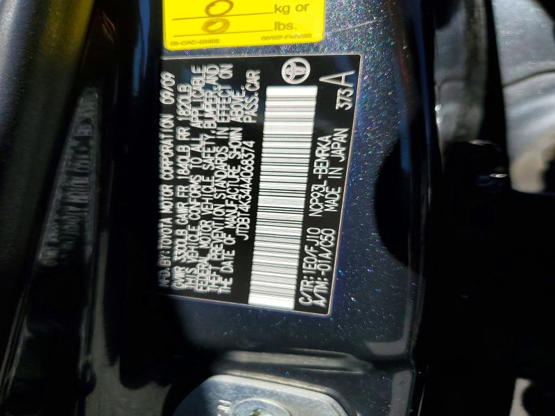 46490086 :رقم المزاد ، JTDBT4K34A4068374 vin ، 2010 Toyota Yaris مزاد بيع
