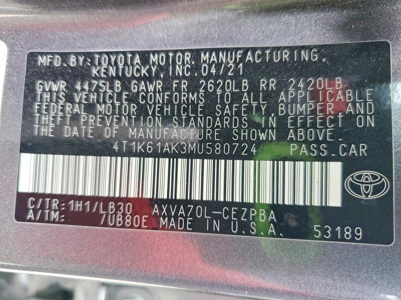 Продажа на аукционе авто 2021 Toyota Camry, vin: 4T1K61AK3MU580724, номер лота: 46063186