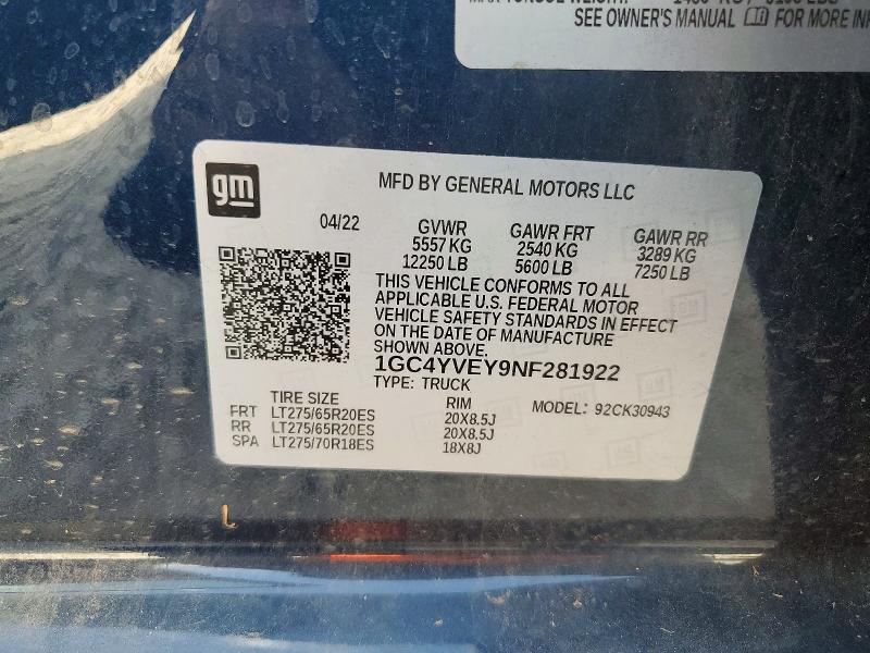 Продаж на аукціоні авто 2022 Chevrolet Silverado, vin: 1GC4YVEY9NF281922, номер лоту: 46882956