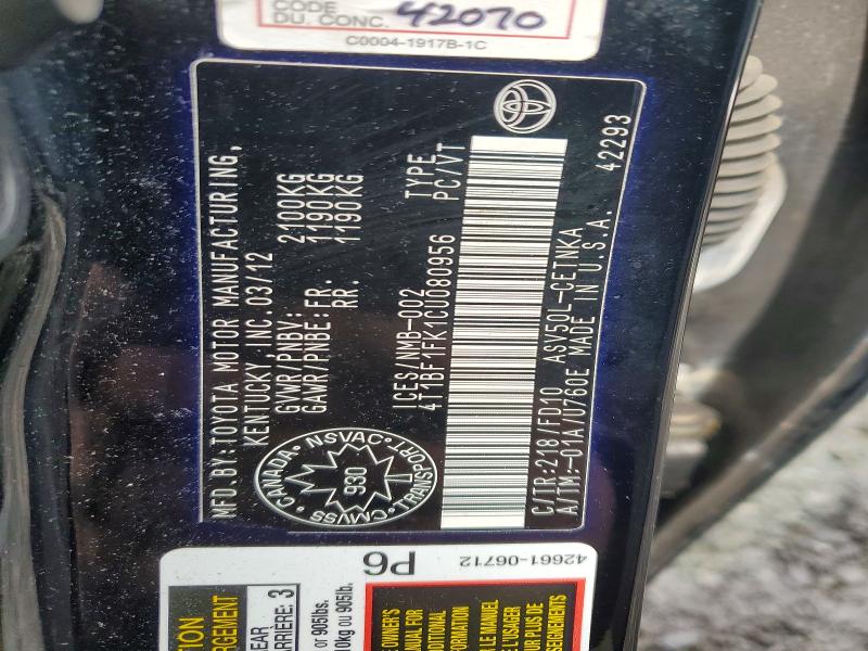 2012 Toyota Camry მანქანა იყიდება აუქციონზე, vin: 4T1BF1FK1CU080956, აუქციონის ნომერი: 46191046