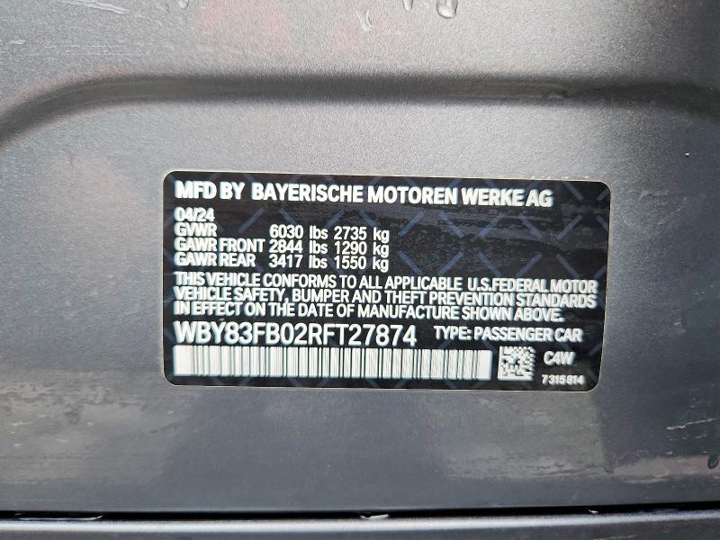 45464916 :رقم المزاد ، WBY83FB02RFT27874 vin ، 2024 Bmw I4 مزاد بيع