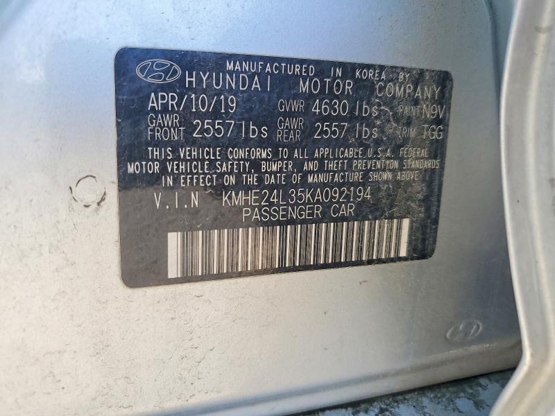 79465385 :رقم المزاد ، KMHE24L35KA092194 vin ، 2019 Hyundai Sonata Hybrid مزاد بيع