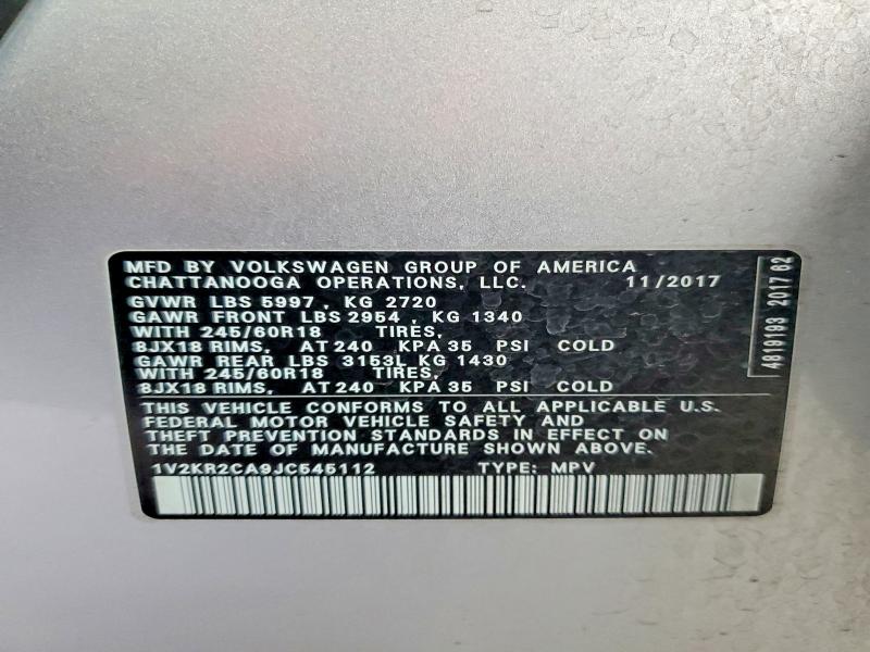 79653125 :رقم المزاد ، 1V2KR2CA9JC545112 vin ، 2018 Volkswagen Atlas مزاد بيع