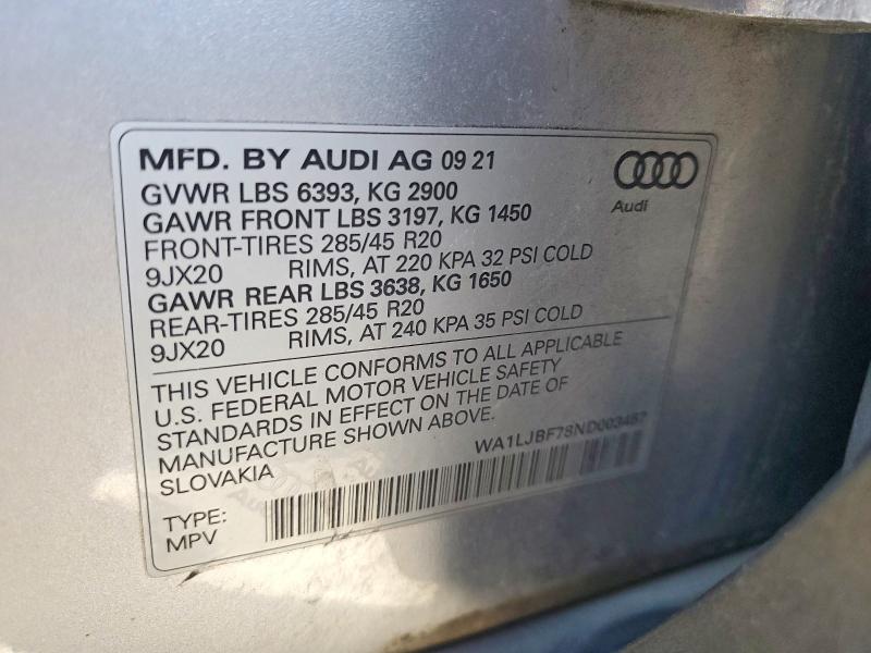 Продаж на аукціоні авто 2022 Audi Q7, vin: WA1LJBF78ND003457, номер лоту: 45565076