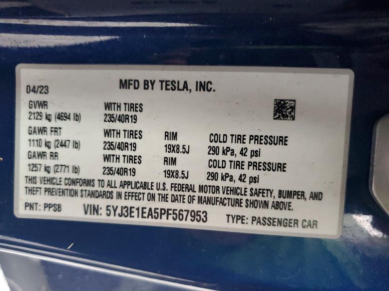 2023 Tesla Model 3 მანქანა იყიდება აუქციონზე, vin: 5YJ3E1EA5PF567953, აუქციონის ნომერი: 41793806