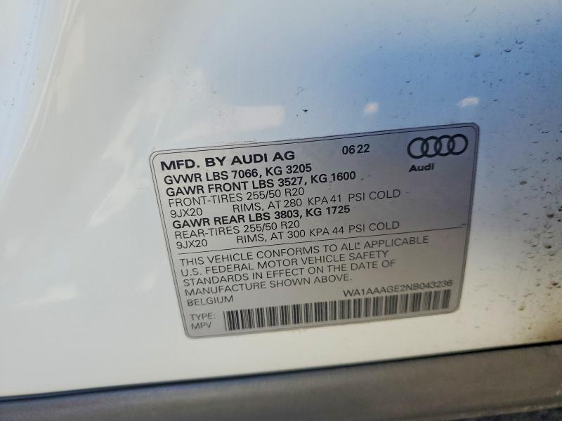 47777686 :رقم المزاد ، WA1AAAGE2NB043236 vin ، 2022 Audi E-tron مزاد بيع