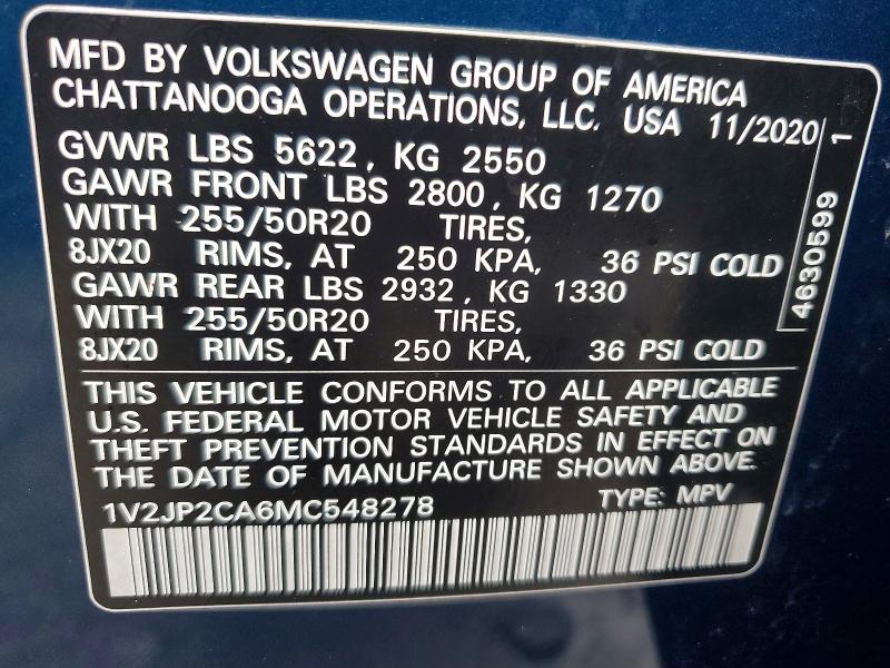 79903955 :رقم المزاد ، 1V2JP2CA6MC548278 vin ، 2021 Volkswagen Atlas مزاد بيع