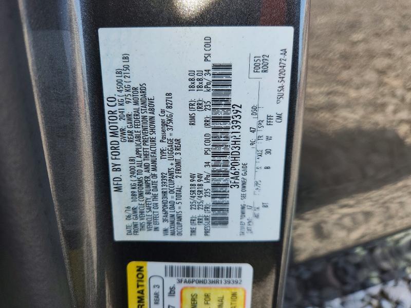 Aukcja sprzedaży 2017 Ford Fusion, vin: 3FA6P0HD3HR139392, numer aukcji: 45931986