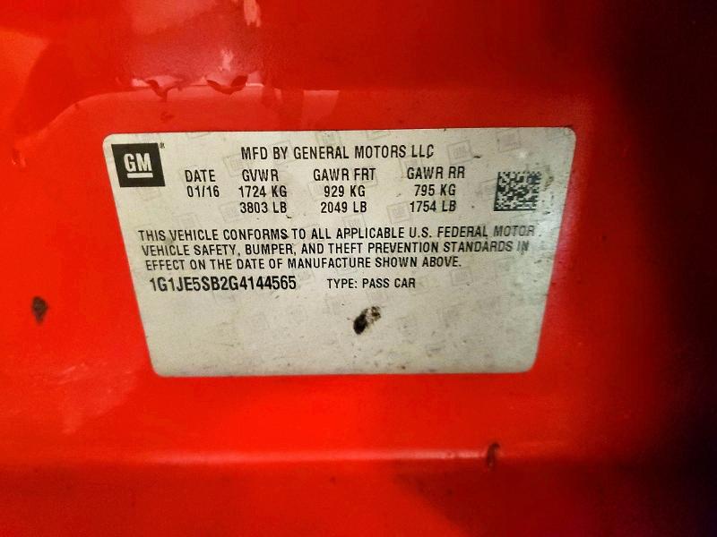 2016 Chevrolet Sonic მანქანა იყიდება აუქციონზე, vin: 1G1JE5SB2G4144565, აუქციონის ნომერი: 47066956
