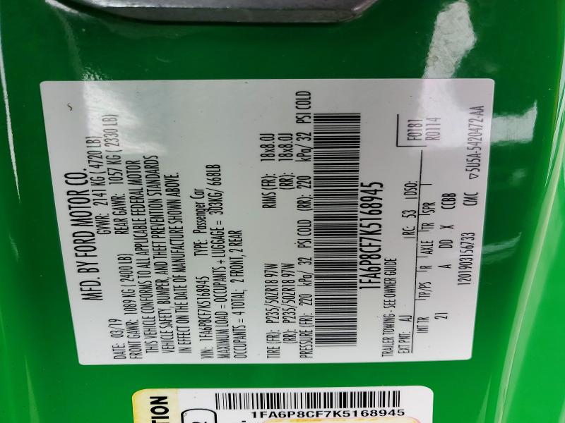 2019 Ford Mustang მანქანა იყიდება აუქციონზე, vin: 1FA6P8CF7K5168945, აუქციონის ნომერი: 47955546