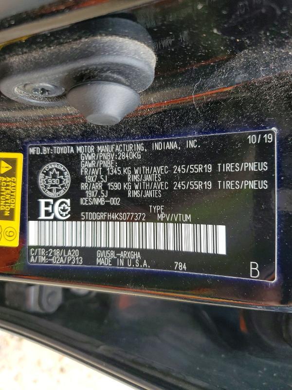 46166756 :رقم المزاد ، 5TDDGRFH4KS077372 vin ، 2019 Toyota Highlander Hybrid مزاد بيع