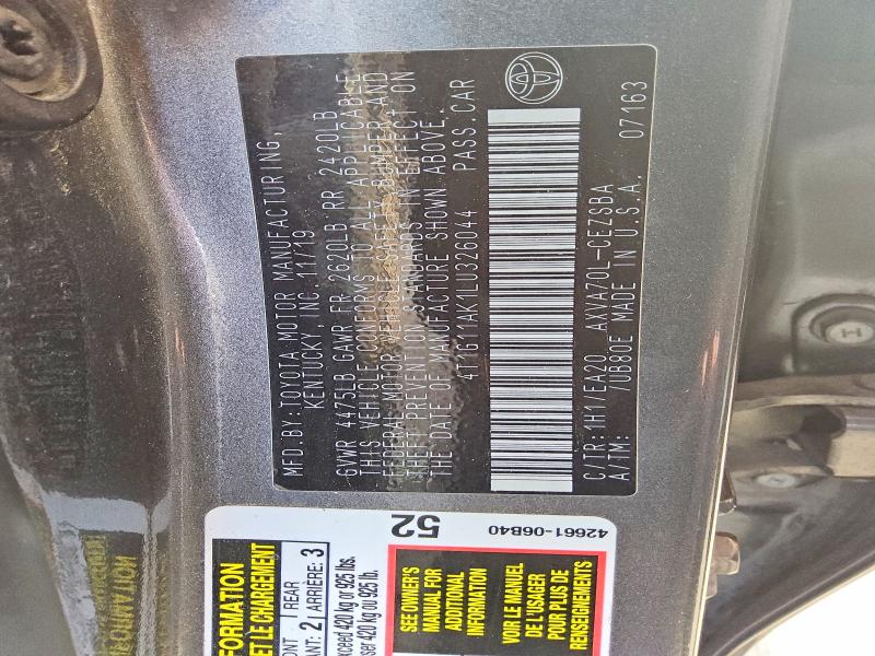 96056505 :رقم المزاد ، 4T1G11AK1LU326044 vin ، 2020 Toyota Camry مزاد بيع