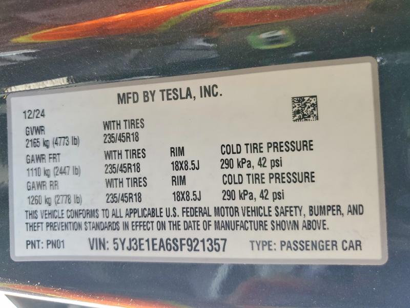 2025 Tesla Model 3 მანქანა იყიდება აუქციონზე, vin: 5YJ3E1EA6SF921357, აუქციონის ნომერი: 46410326