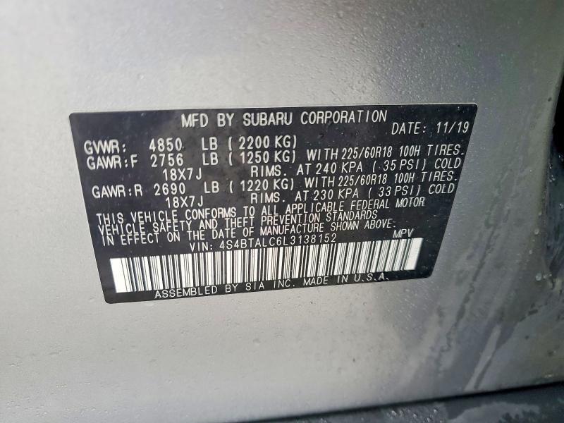 2020 Subaru Outback მანქანა იყიდება აუქციონზე, vin: 4S4BTALC6L3138152, აუქციონის ნომერი: 79709975