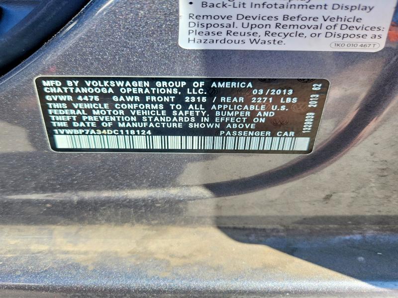79124815 :رقم المزاد ، 1VWBP7A34DC118124 vin ، 2013 Volkswagen Passat مزاد بيع