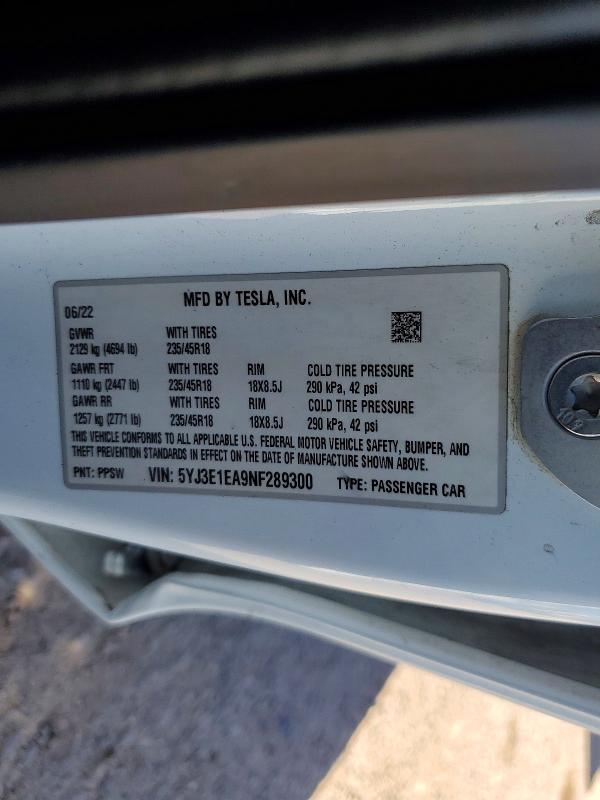 Aukcja sprzedaży 2022 Tesla Model 3, vin: 5YJ3E1EA9NF289300, numer aukcji: 46934086