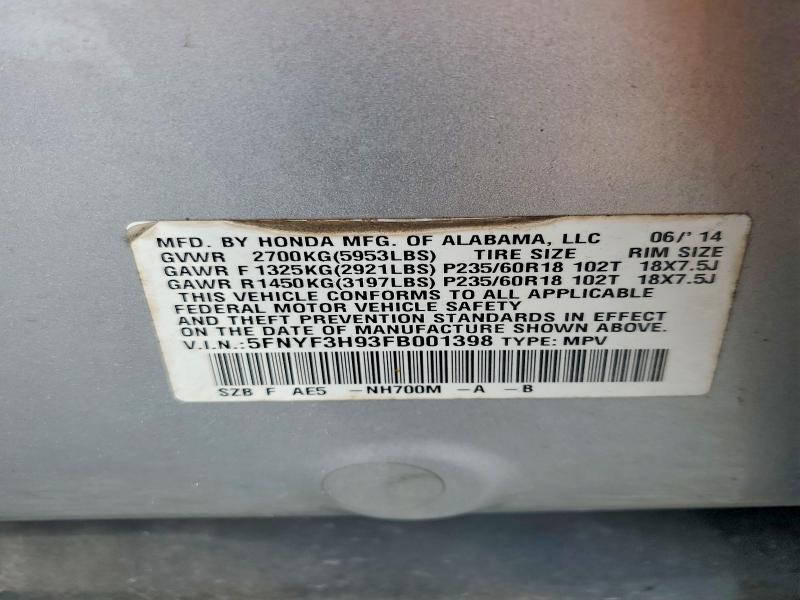 2015 Honda Pilot მანქანა იყიდება აუქციონზე, vin: 5FNYF3H93FB001398, აუქციონის ნომერი: 79373285