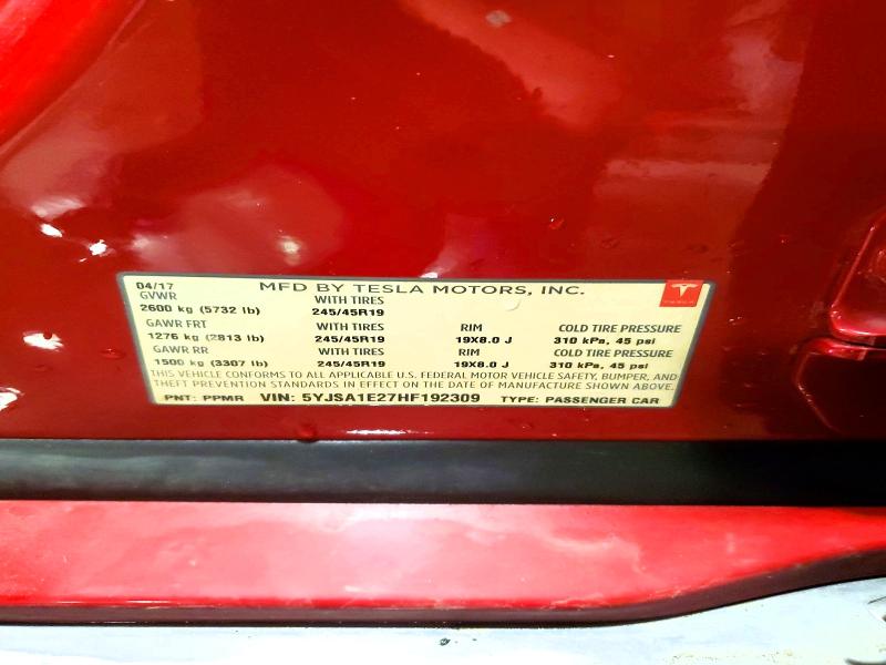 Продаж на аукціоні авто 2017 Tesla Model S, vin: 5YJSA1E27HF192309, номер лоту: 45756606