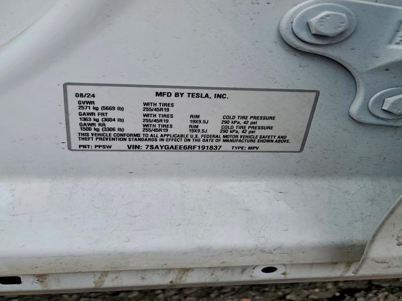 2024 Tesla Model Y მანქანა იყიდება აუქციონზე, vin: 7SAYGAEE6RF191837, აუქციონის ნომერი: 46175076