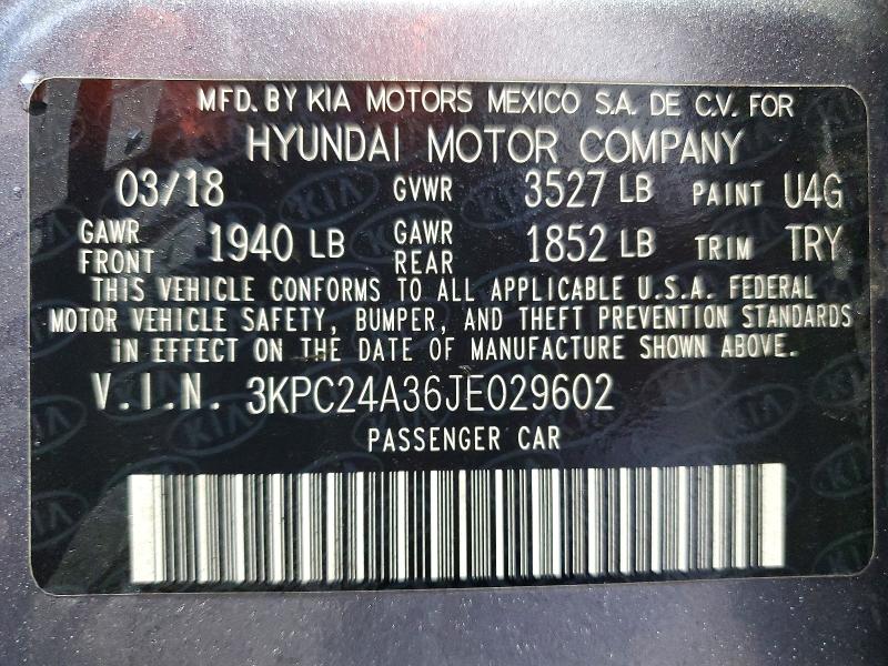 Продаж на аукціоні авто 2018 Hyundai Accent, vin: 3KPC24A36JE029602, номер лоту: 47765546