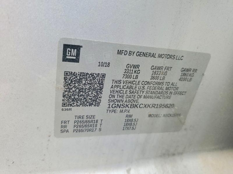 2019 Chevrolet Tahoe მანქანა იყიდება აუქციონზე, vin: 1GNSKBKCXKR195620, აუქციონის ნომერი: 47902706