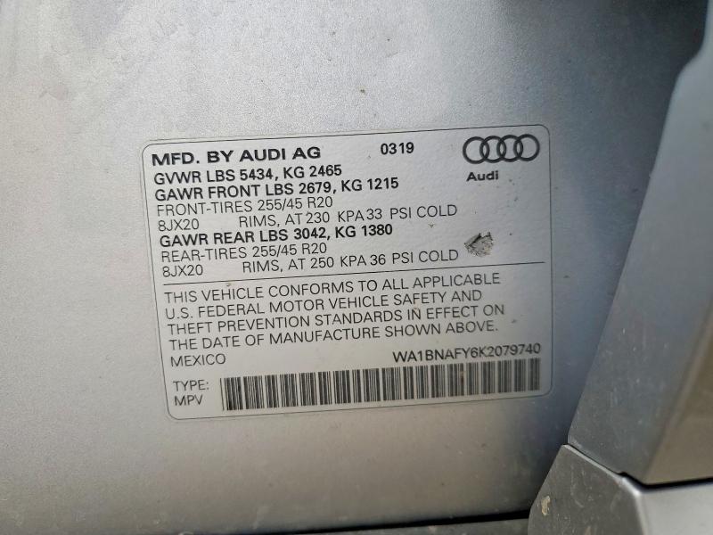 2019 Audi Q5 მანქანა იყიდება აუქციონზე, vin: WA1BNAFY6K2079740, აუქციონის ნომერი: 45597626