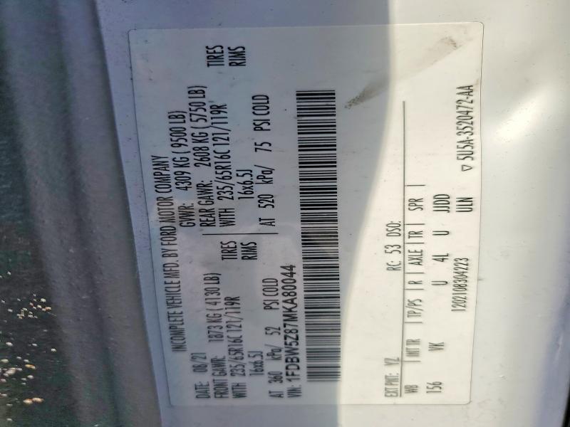 2021 Ford Transit მანქანა იყიდება აუქციონზე, vin: 1FDBW5Z87MKA80044, აუქციონის ნომერი: 79990585
