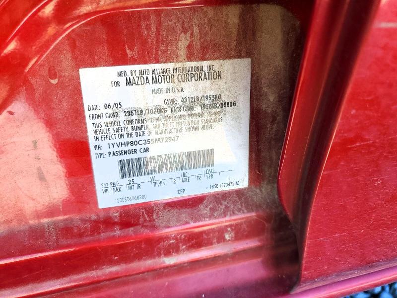 2005 Mazda 6 მანქანა იყიდება აუქციონზე, vin: 1YVHP80C355M72947, აუქციონის ნომერი: 46540456
