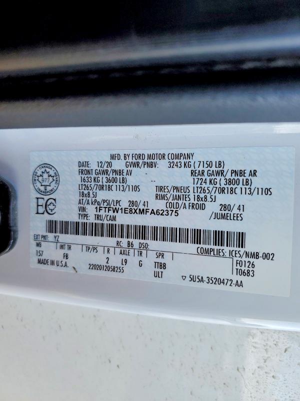 Aukcja sprzedaży 2021 Ford F150, vin: 1FTFW1E8XMFA62375, numer aukcji: 46115286