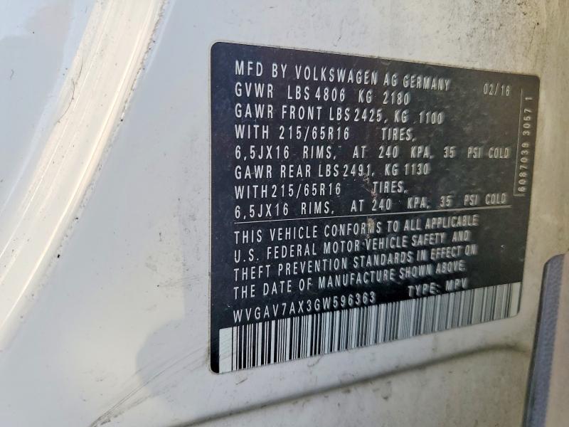 45474196 :رقم المزاد ، WVGAV7AX3GW596363 vin ، 2016 Volkswagen Tiguan مزاد بيع