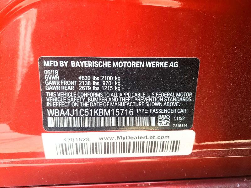 47547296 :رقم المزاد ، WBA4J1C51KBM15716 vin ، 2019 Bmw 430i مزاد بيع