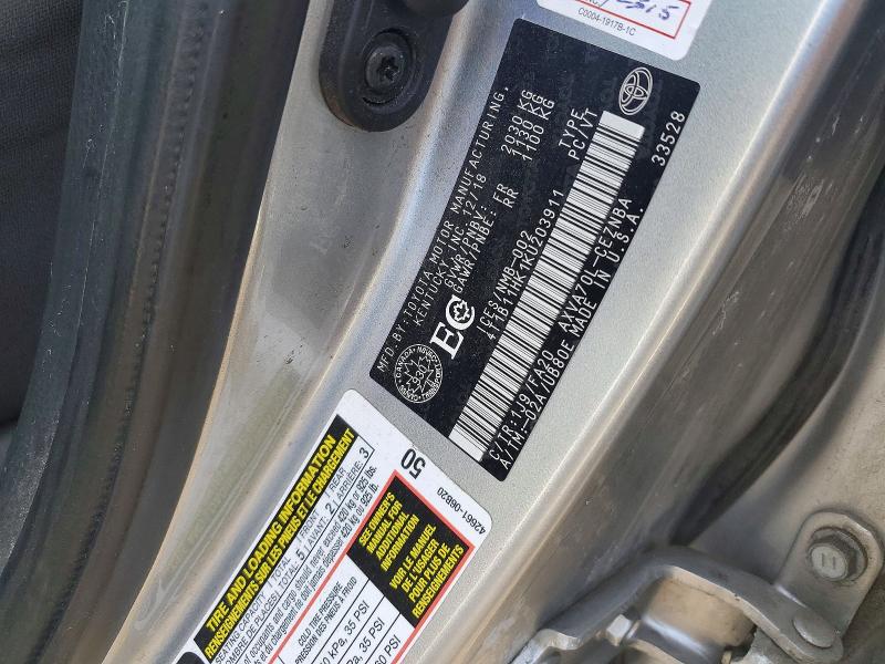 2019 Toyota Camry Le 4dr მანქანა იყიდება აუქციონზე, vin: 4T1B11HK1KU203911, აუქციონის ნომერი: 41635876