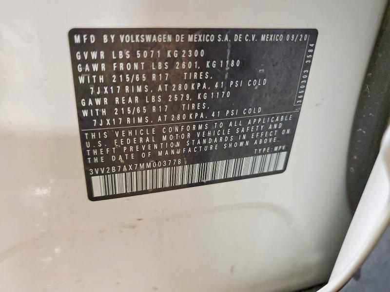 2021 Volkswagen Tiguan მანქანა იყიდება აუქციონზე, vin: 3VV2B7AX7MM003778, აუქციონის ნომერი: 47391626