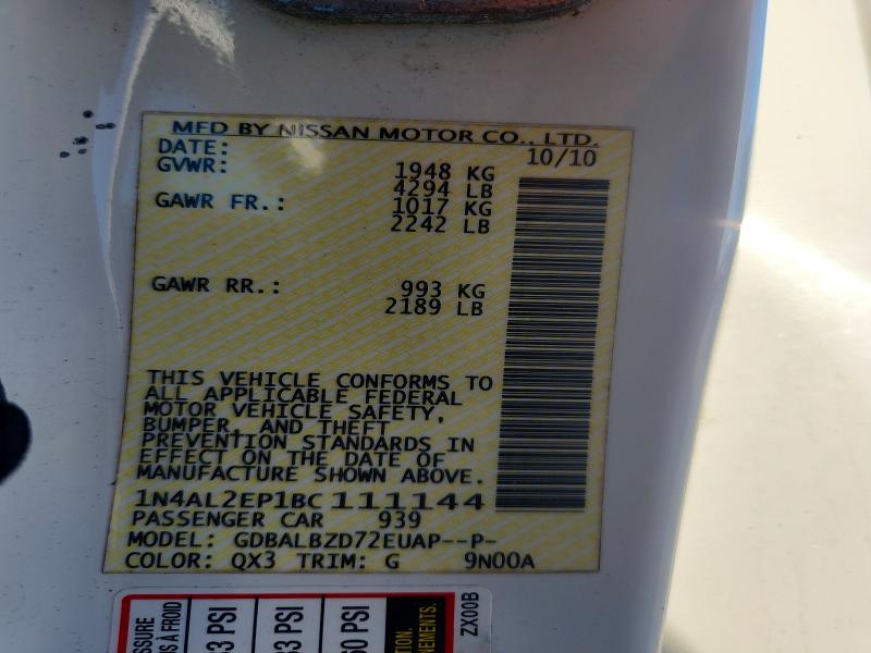 2011 Nissan Altima მანქანა იყიდება აუქციონზე, vin: 1N4AL2EP1BC111144, აუქციონის ნომერი: 45982426