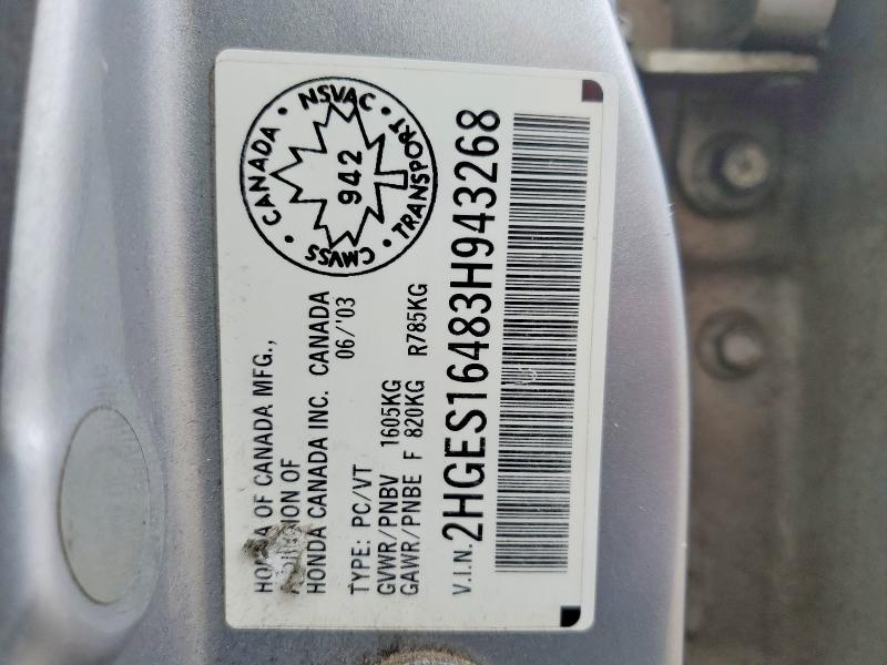45731796 :رقم المزاد ، 2HGES16483H943268 vin ، 2003 Honda Civic Dx-g 4dr مزاد بيع