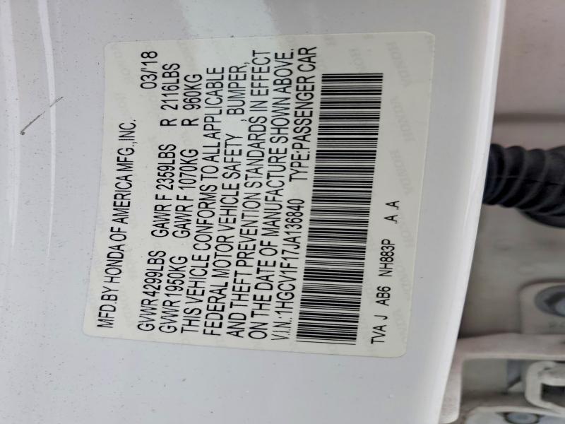 Продаж на аукціоні авто 2018 Honda Accord, vin: 1HGCV1F17JA136840, номер лоту: 46195696